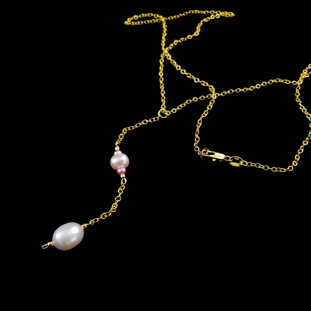 Y necklace real pearls drop pendant genuine pearls 18k GP chain white cream - Picture 8 of 13